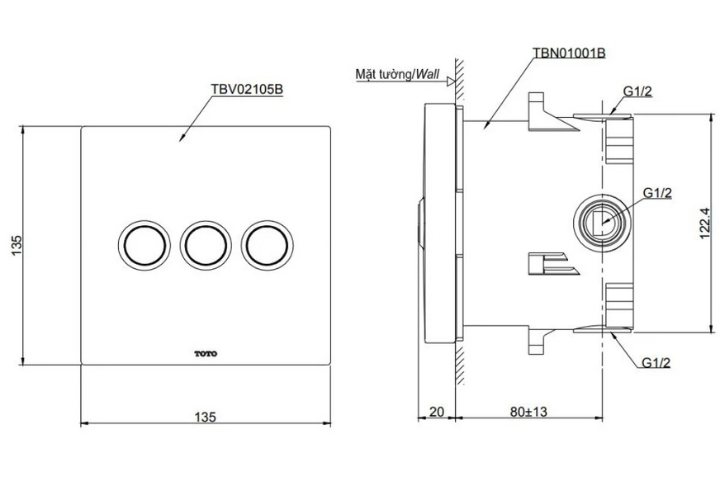 Van chuyển hướng Toto TBV02105B/TBN01001B kèm phụ kiện âm tường