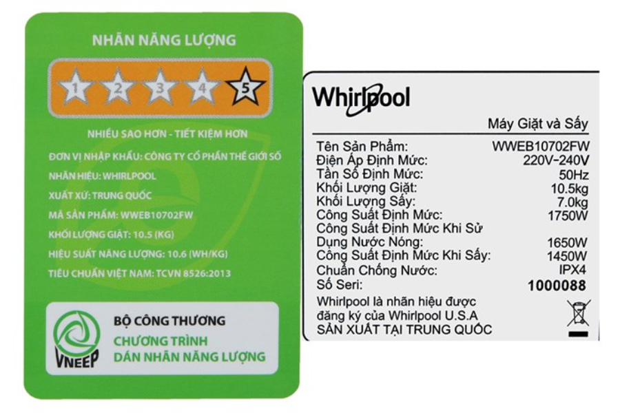 Máy giặt sấy 10.5kg/7kg Whirlpool WWEB10702FW