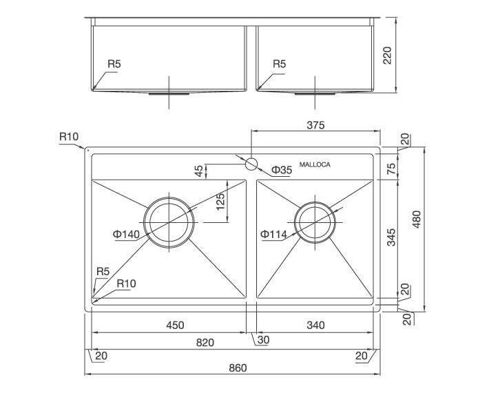 Chậu rửa chén Malloca MS 6304 sơ đồ