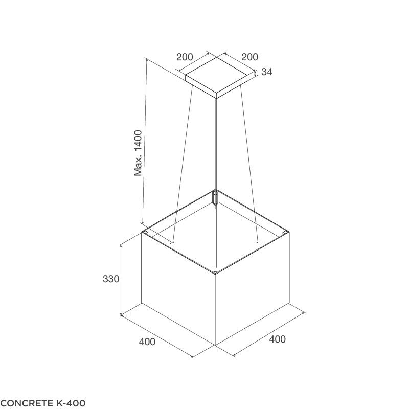 Kích thước lắp đặt máy hút khử mùi đảo CONCRETE K-400