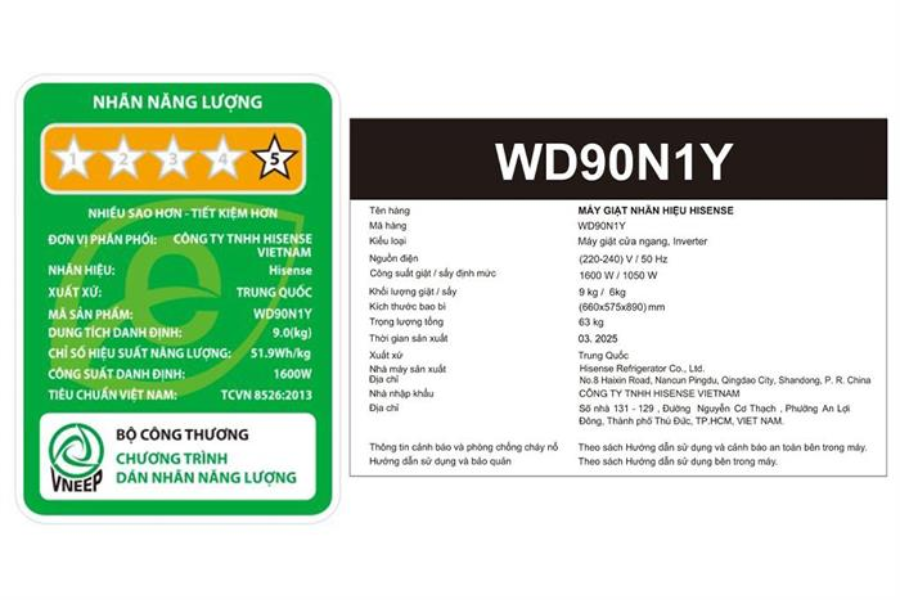 Máy giặt sấy Hisense WD90N1Y giặt 9 kg - sấy 6 kg