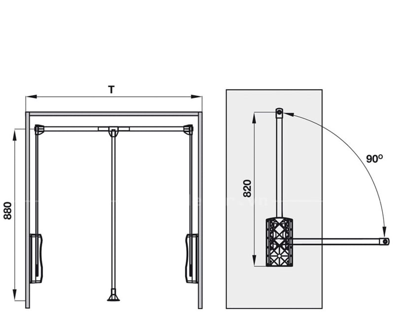 Thông số kỹ thuật tay nâng móc áo Hafele 600-830mm màu nâu 805.11.153