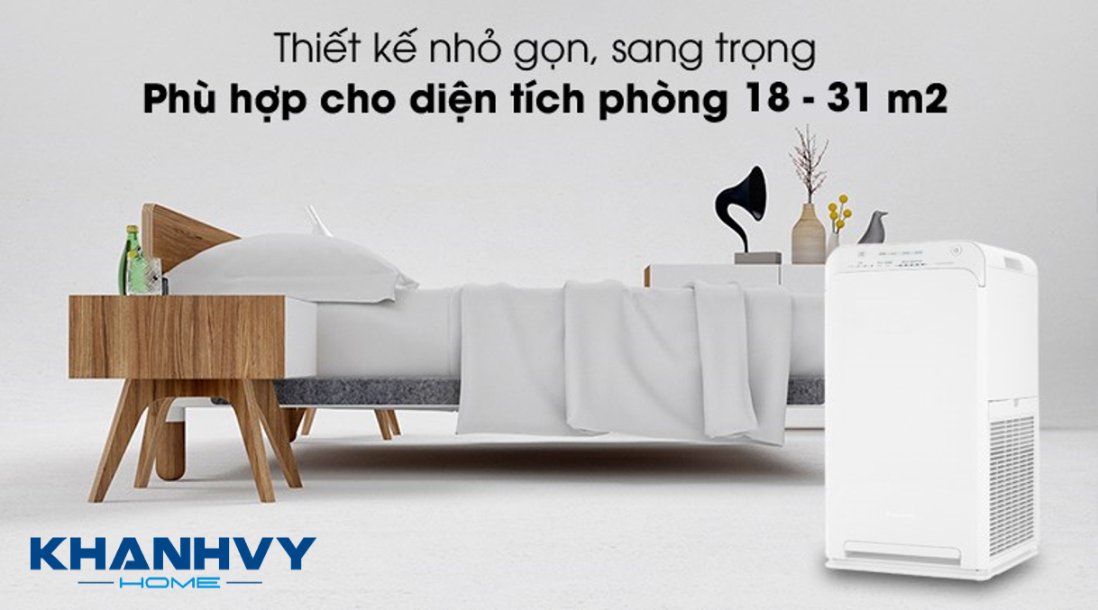 Máy lọc không khí được thiết kế vô cùng nhỏ gọn với màu trắng sang trọng