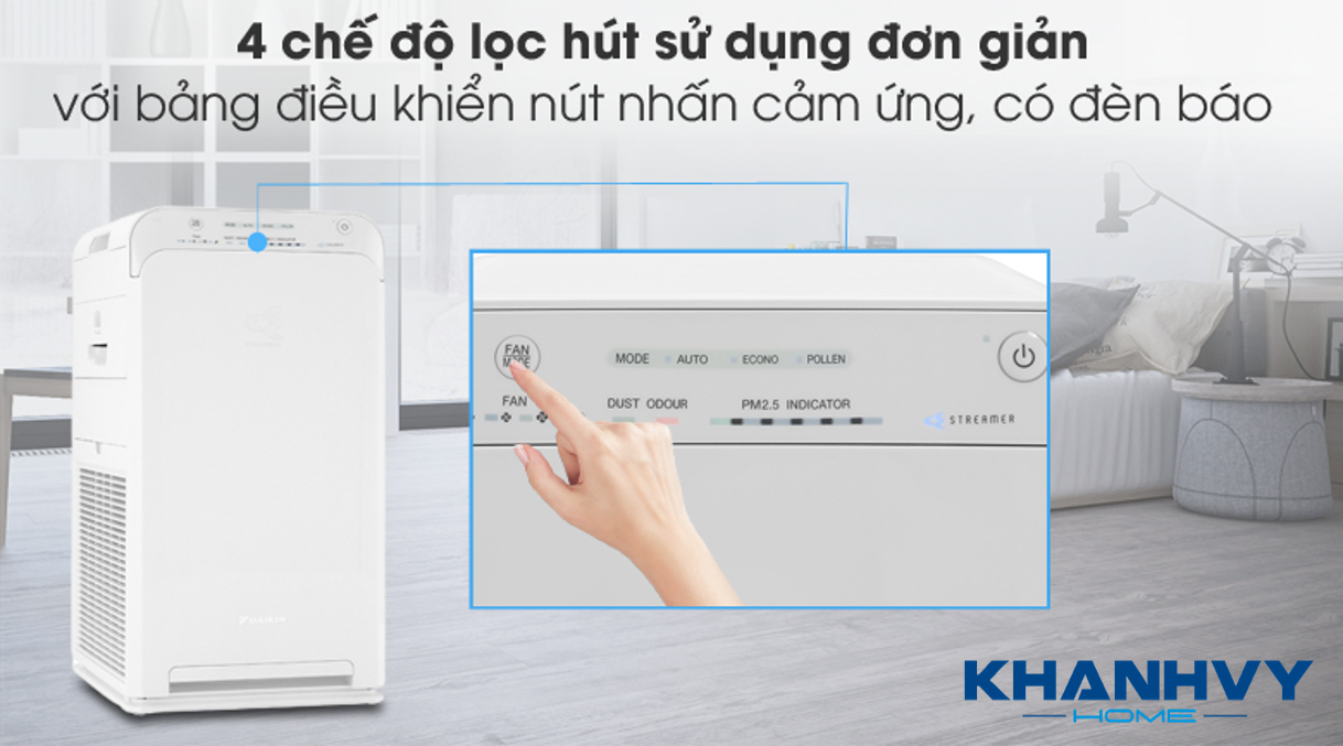 Máy lọc không khí dễ sử dụng nhờ trang bị bảng điều khiển nút nhấn với đèn hiển thị và 4 cấp độ quạt gió