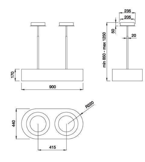Kích thước lắp đặt máy hút khử mùi đảo OUTLINE-I240F