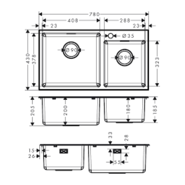 Chậu rửa chén Hansgrohe Inox 304 S43 2 hố 43354807