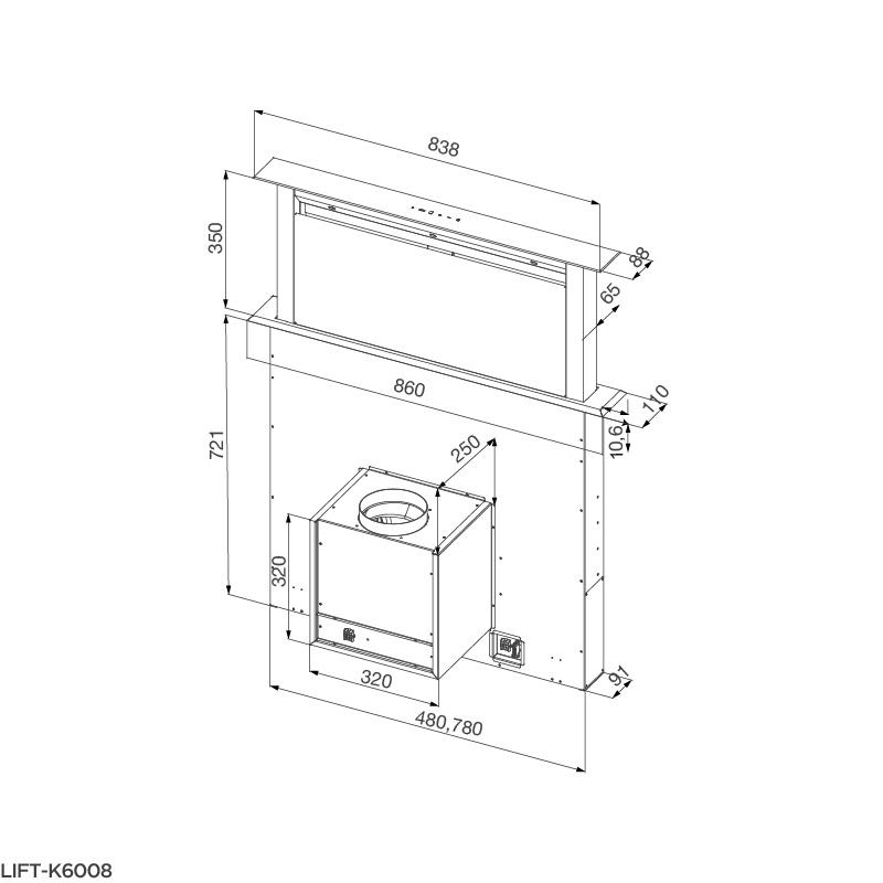 Kích thước lắp đặt máy hút mùi âm bàn LIFT-K6008