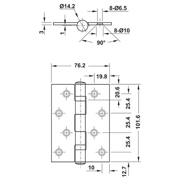 Thông số kỹ thuật bản lề lá Hafele 2BB 102x76x3mm 926.20.804