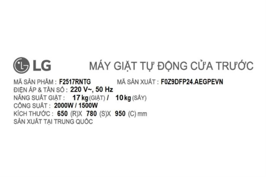Máy giặt sấy LG F2517RNTG AI DD™ 2.0 Inverter 17/10kg màu đen