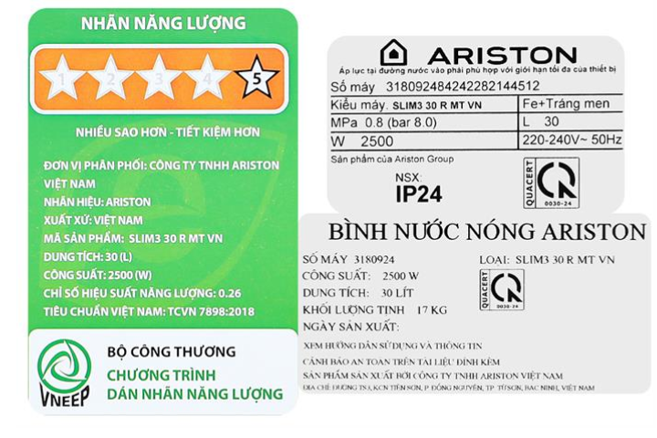 Máy nước nóng Ariston SLIM3 30 R AG+ VN 30 lít gián tiếp 3180922