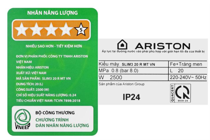 Máy nước nóng Ariston SLIM3 20 R AG+ VN 20 lít gián tiếp 3180921