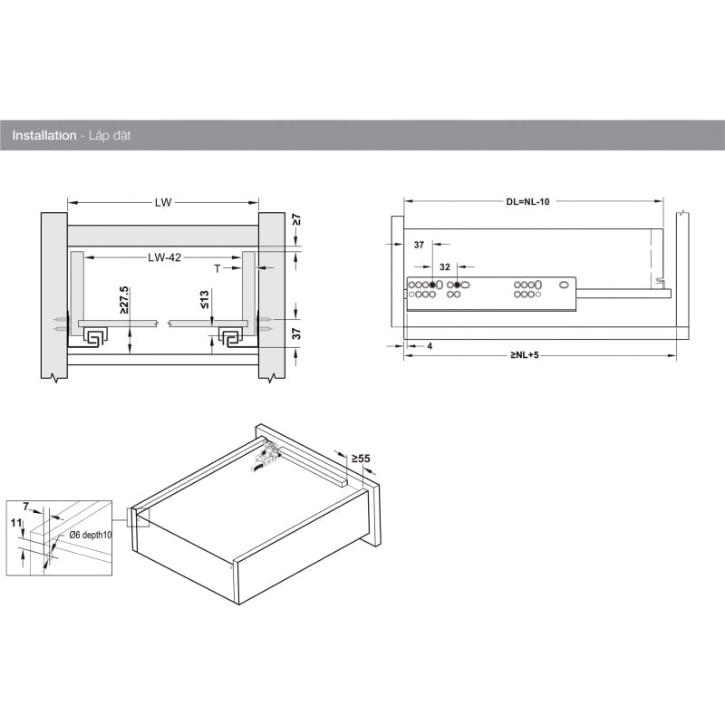  Thông số Ray âm EPC EVO mở toàn phần, giảm chấn Hafele 433.32.074   