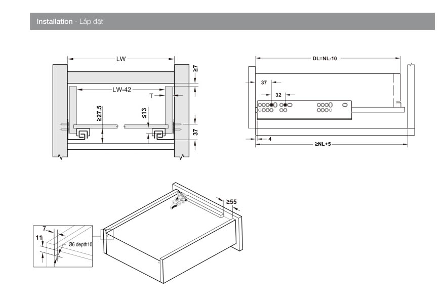 Thông số Ray âm EPC EVO mở toàn phần, nhấn mở Hafele 433.32.171