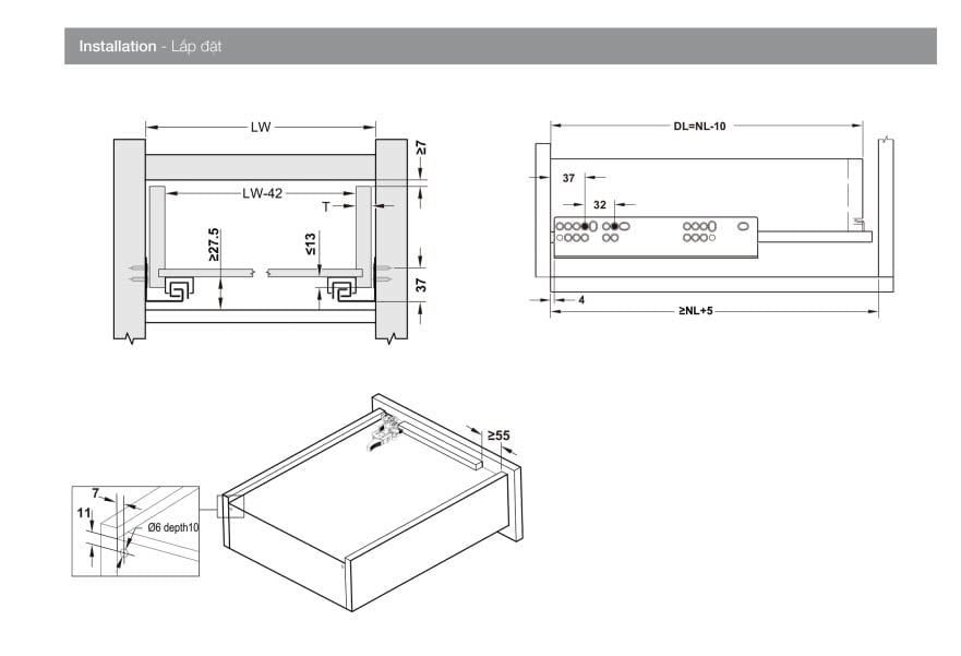  Thông số Ray âm EPC EVO mở toàn phần,nhấn mở Hafele 433.32.172