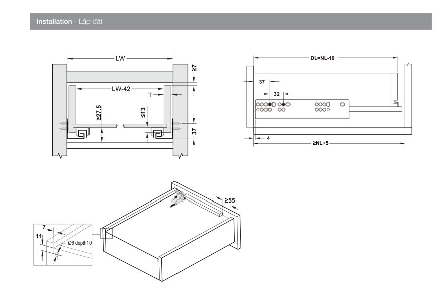   Thông số Ray âm EPC EVO mở toàn phần,nhấn mở Hafele 433.32.175