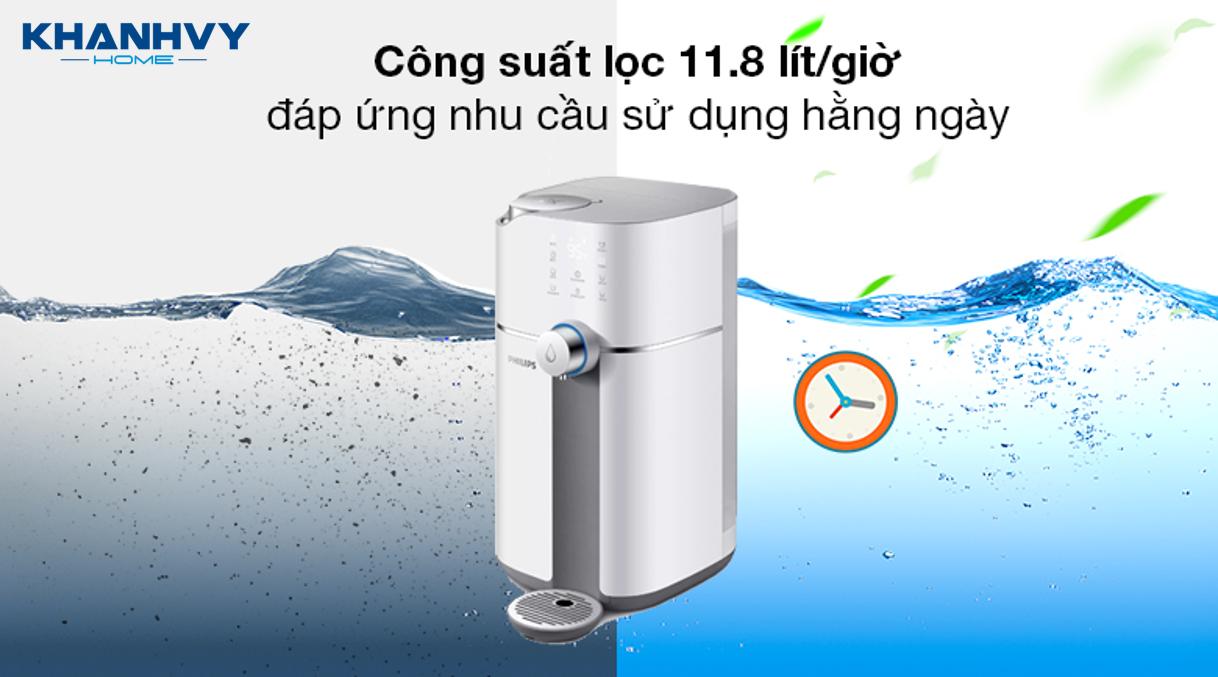 Máy lọc nước Philips RO Để Bàn Thế Hệ Mới ADD6910 sở hữu thiết kế vô cùng nhỏ gọn và công suất lọc 11.8 lít/giờ, đáp ứng nhu cầu của người dùng
