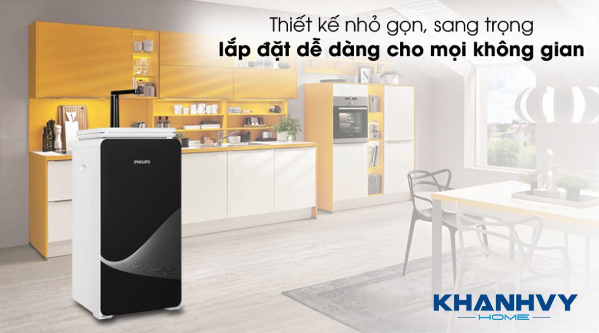 Máy lọc nước Philips RO Thế Hệ Mới ADD8980 sở hữu thiết kế tủ đứng gọn gàng với mặt kính màu đen sang trọng