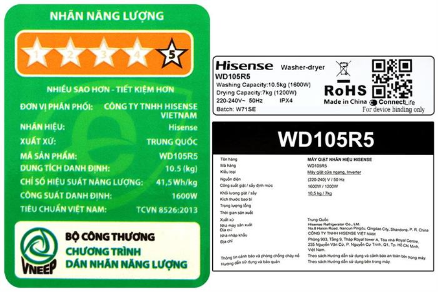 Máy giặt sấy Hisense WD105R5 giặt 10.5 kg - sấy 7 kg