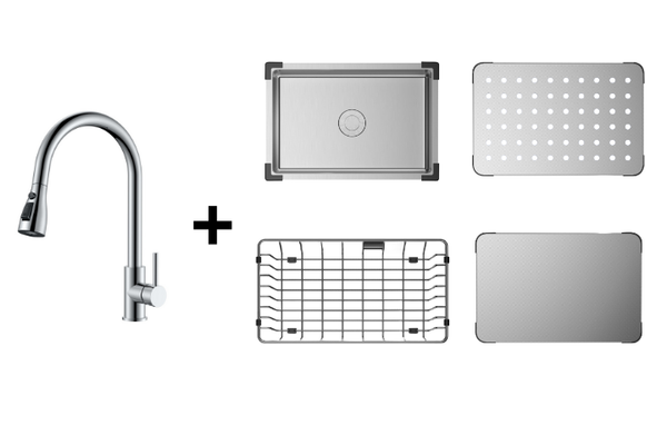 Combo vòi + chậu mini + thớt inox + rổ inox + thớt lỗ inox Maadela trị giá 5.040.000đ