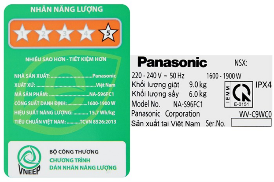 Máy giặt sấy Panasonic NA-S96FC1LVT giặt 9 kg - sấy 6 kg Inverter