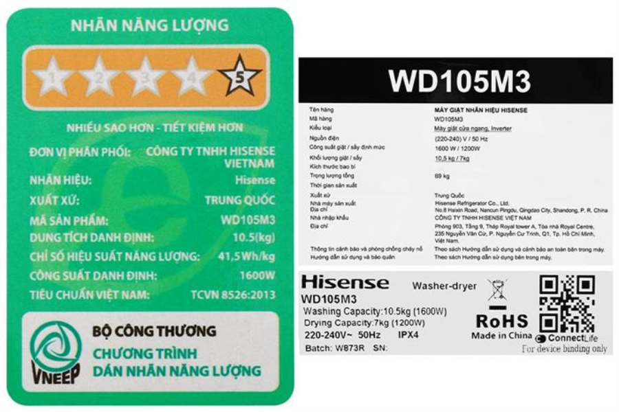 Máy giặt sấy Hisense WD105M3 giặt 10.5 kg - sấy 7 kg