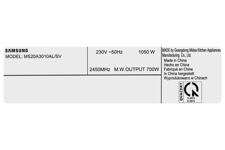 Lò vi sóng Samsung MS20A3010AL/SV cửa kính toàn phần 20L màu đen