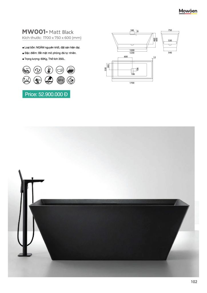 Bồn tắm đá MOWOEN MW001-Matt Black