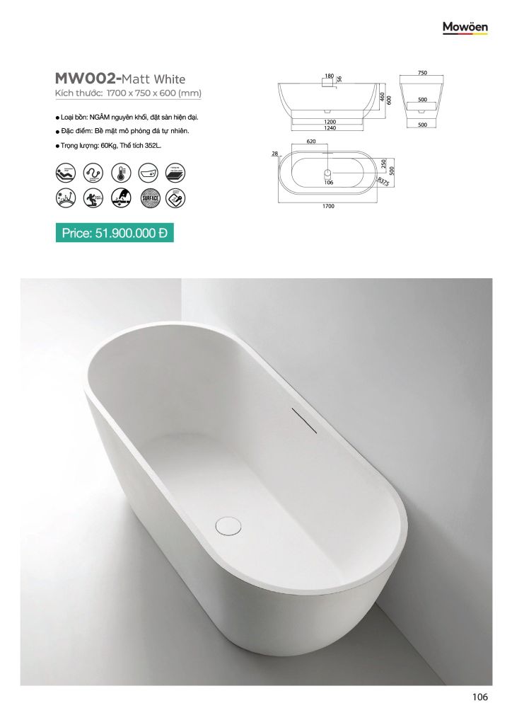 Bồn tắm đá MOWOEN MW002-Matt White