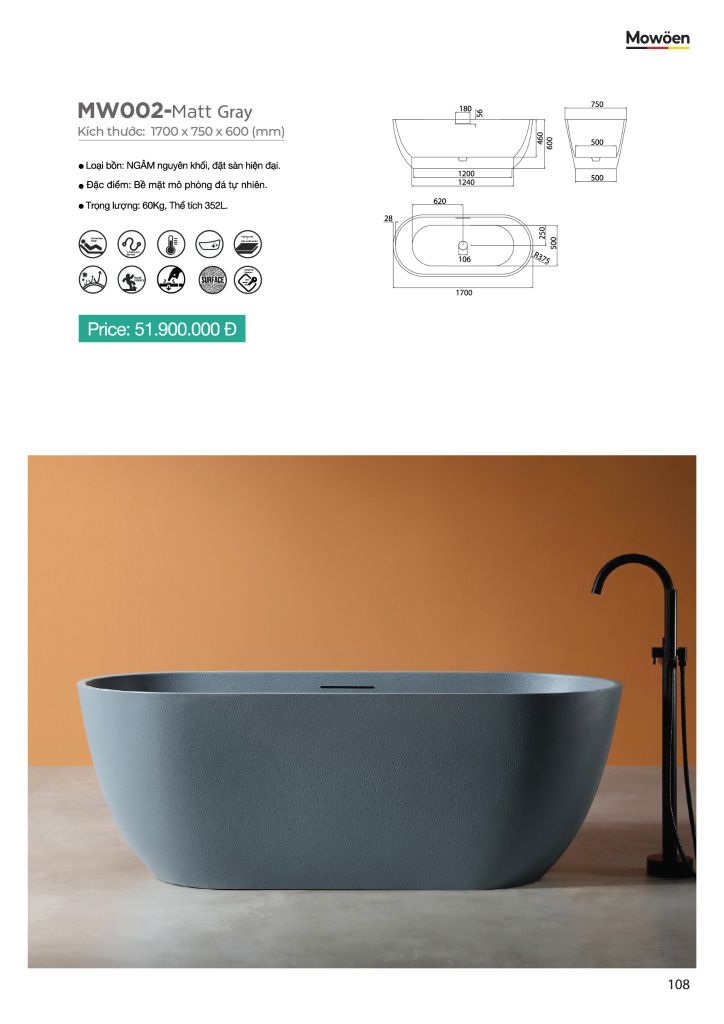 Bồn tắm đá MOWOEN MW002-Matt Gray