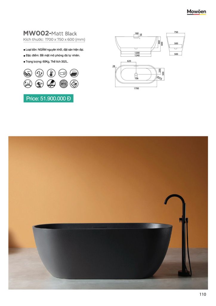 Bồn tắm đá MOWOEN MW002-Matt Black