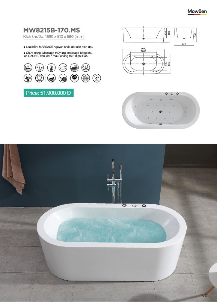 Bồn Tắm Massage Acrylic Mowoen MW8215B-170.MS