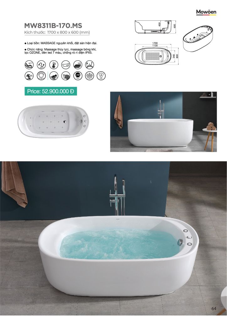 Bồn Tắm Massage Acrylic Mowoen MW8311B-170.MS