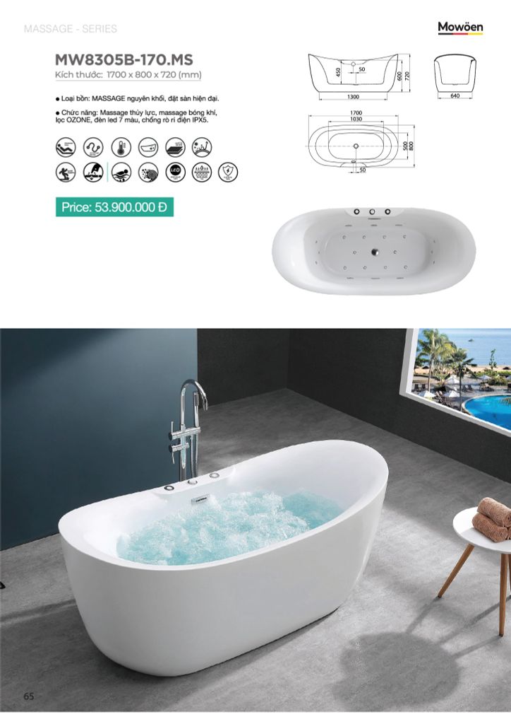 Bồn tắm Mowoen MW8266F-170.MS đặt sàn massage 1.7m