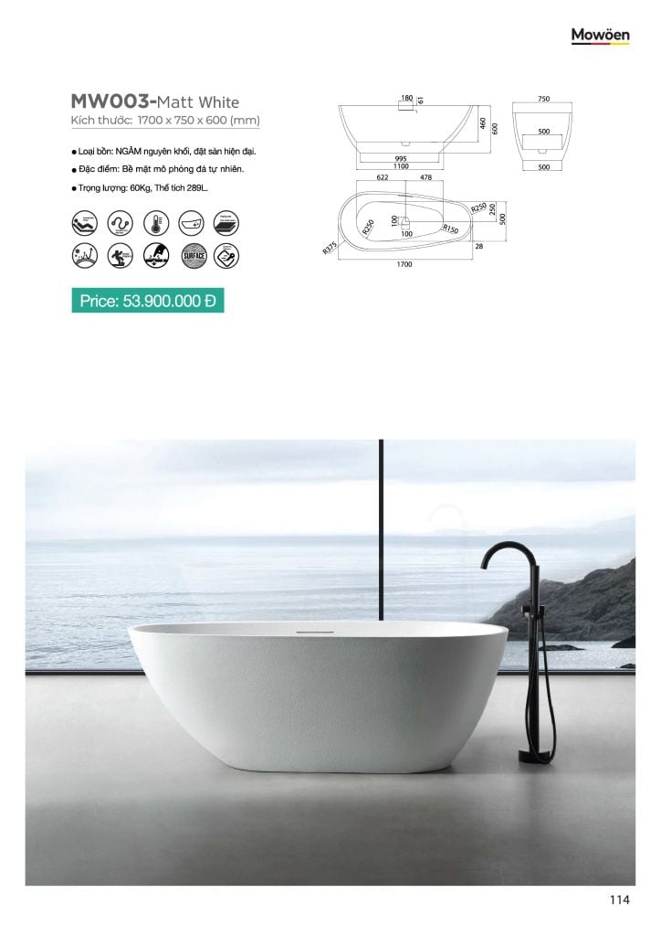 Bồn tắm đá MOWOEN MW003-Matt White