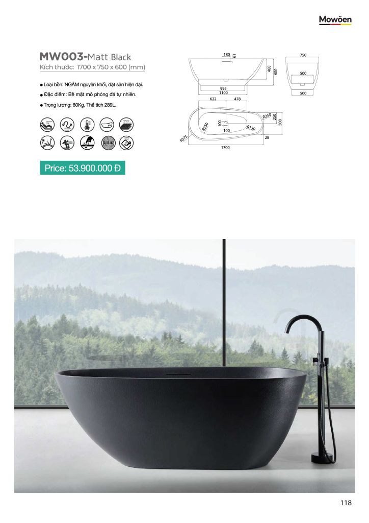 Bồn tắm đá MOWOEN MW003-Matt Black