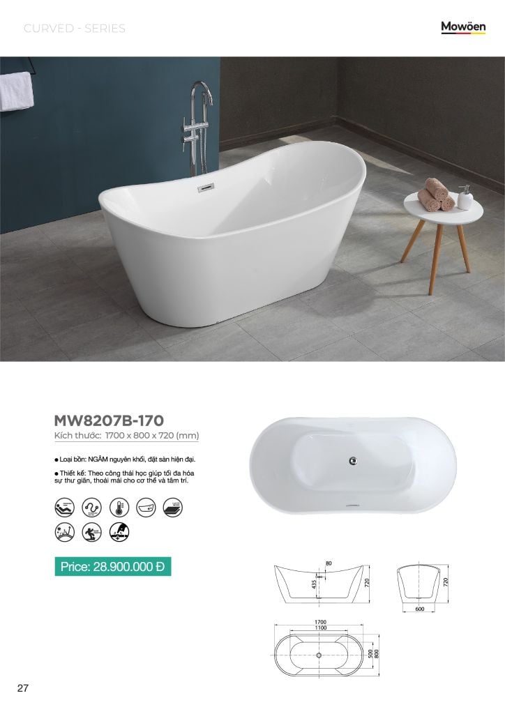 Bồn Tắm Acrylic Độc Lập Mowoen MW8207B-170