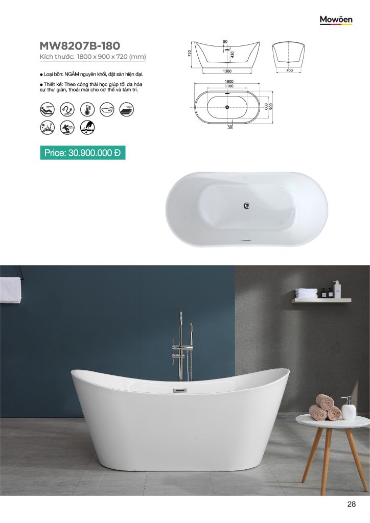 Bồn Tắm Acrylic Độc Lập Mowoen MW8207B-180