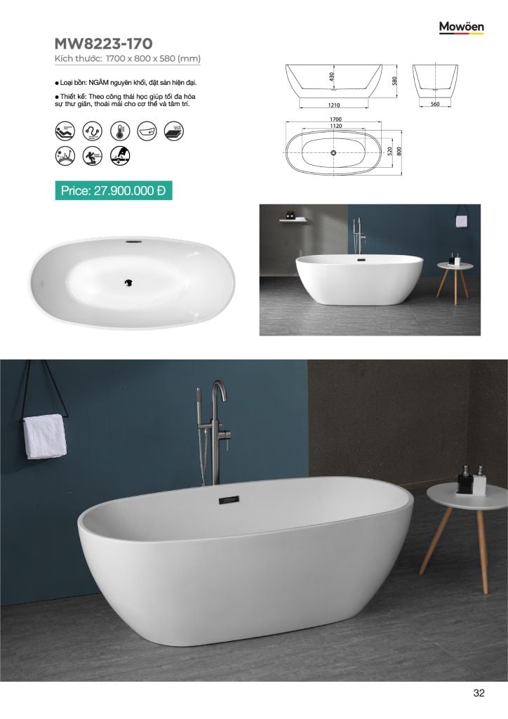 Bồn Tắm Acrylic Độc Lập Mowoen MW8223-170