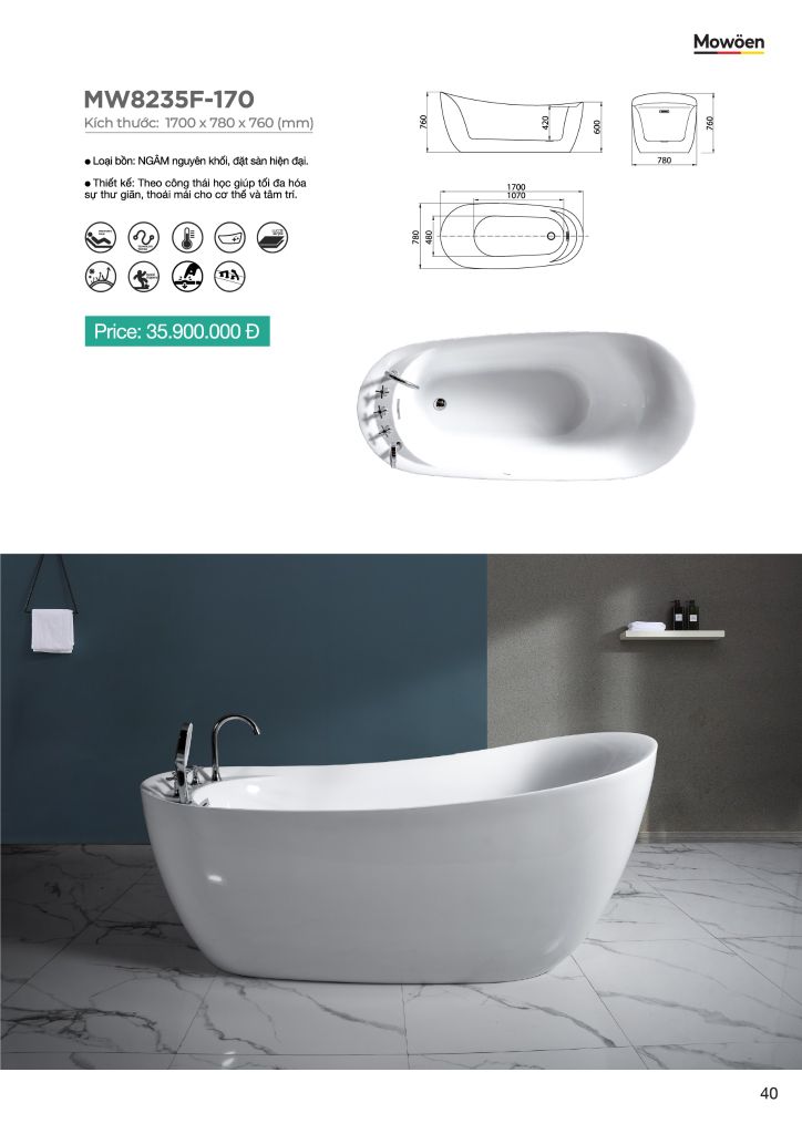 Bồn Tắm Acrylic Độc Lập Mowoen MW8235F-170
