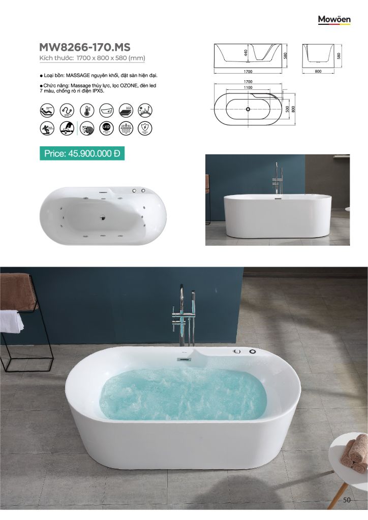 Bồn Tắm Massage Acrylic Mowoen MW8226-170.MS