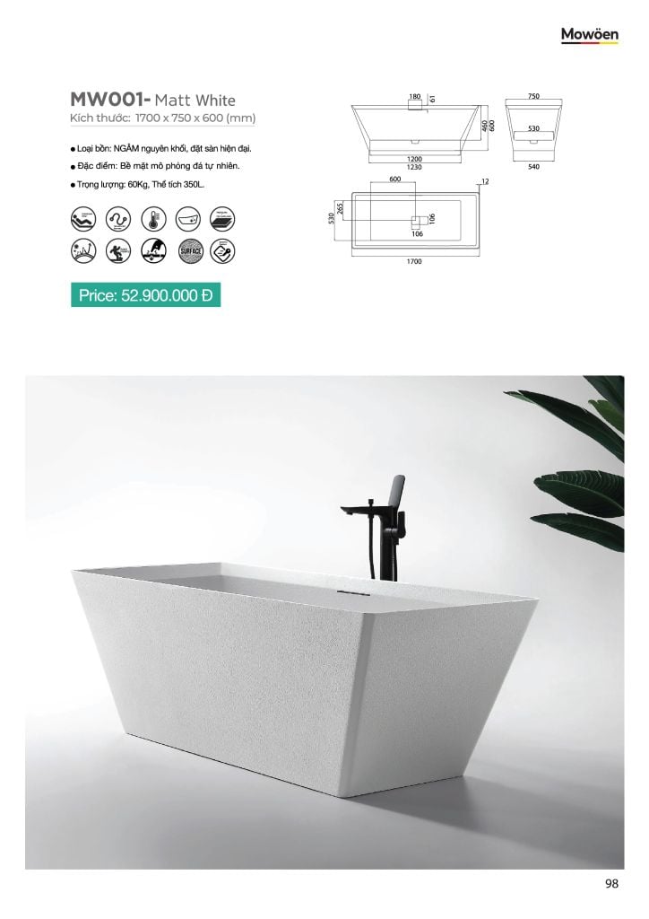 Bồn tắm đá MOWOEN MW001-Matt White