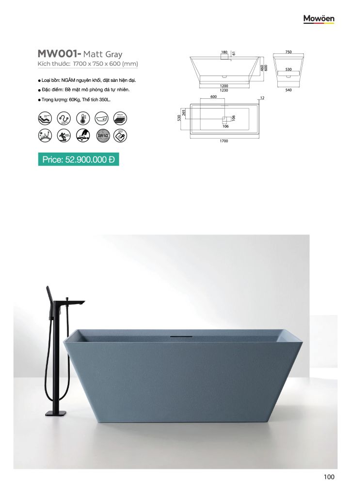 Bồn tắm đá MOWOEN MW001-Matt Gray