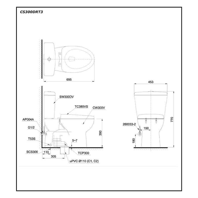 Bàn cầu hai khối TOTO CS300DRT3 nắp TC385VS