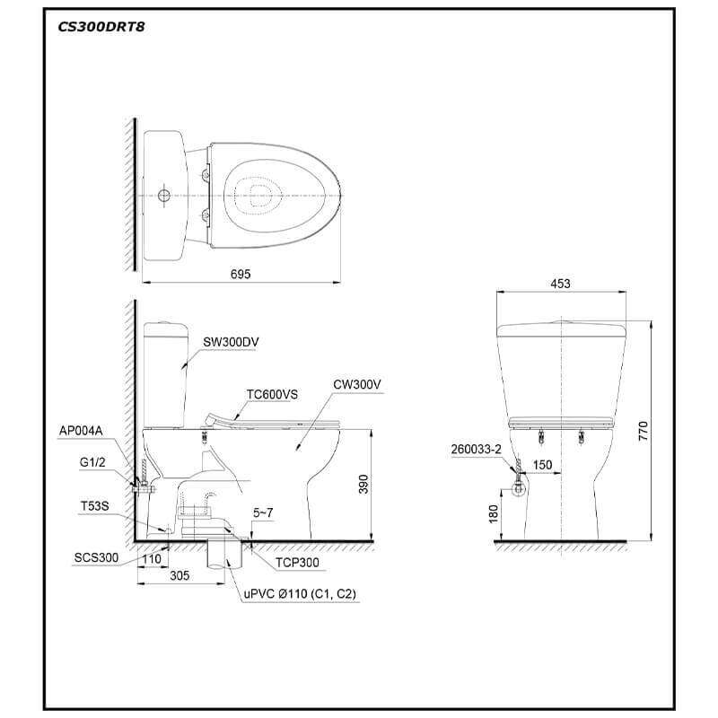 Bàn cầu hai khối TOTO CS300DRT8 nắp TC600VS
