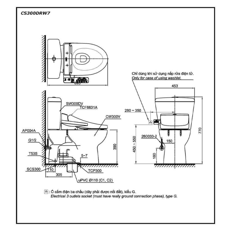 Bàn cầu hai khối TOTO CS300DRW7 nắp rửa điện tử WASHLET