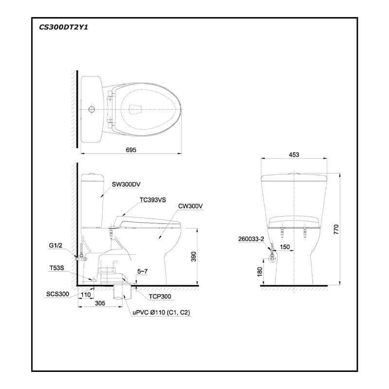 Bàn cầu hai khối TOTO CS300DT2Y1 nắp TC393VS