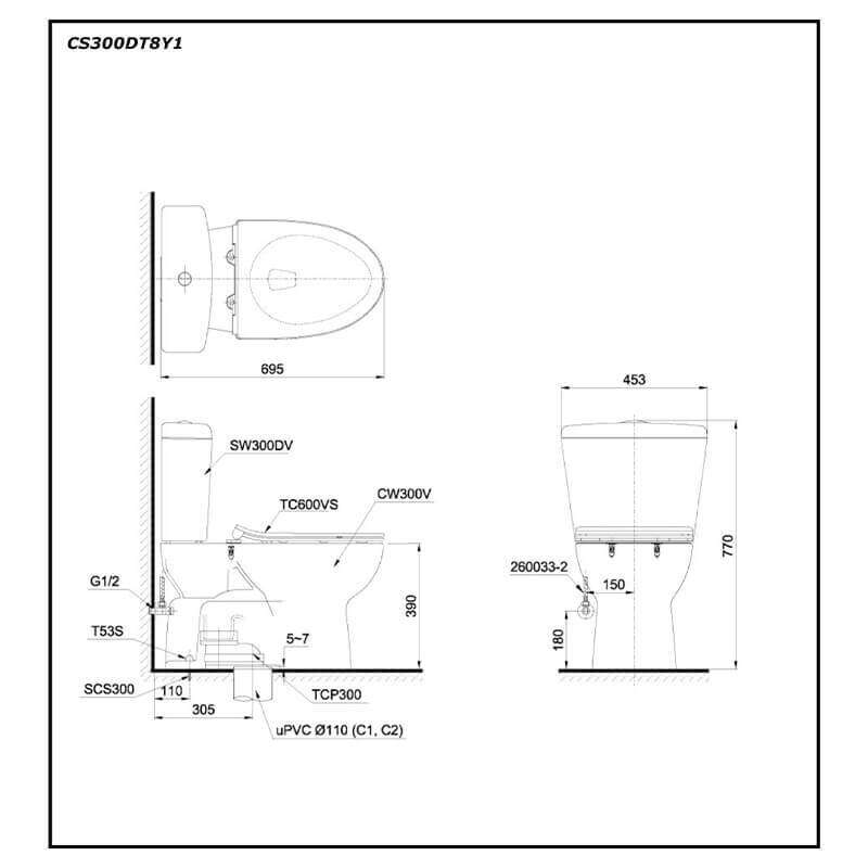Bàn cầu hai khối TOTO CS300DT8Y1 nắp TC600VS
