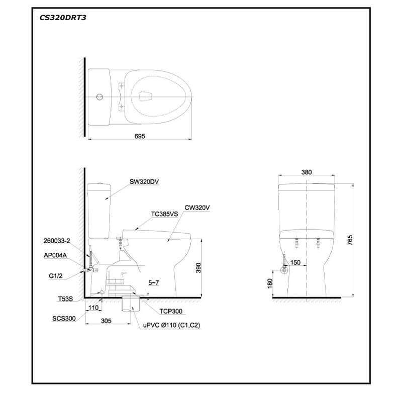 Bàn cầu hai khối TOTO CS320DRT3 nắp TC385VS