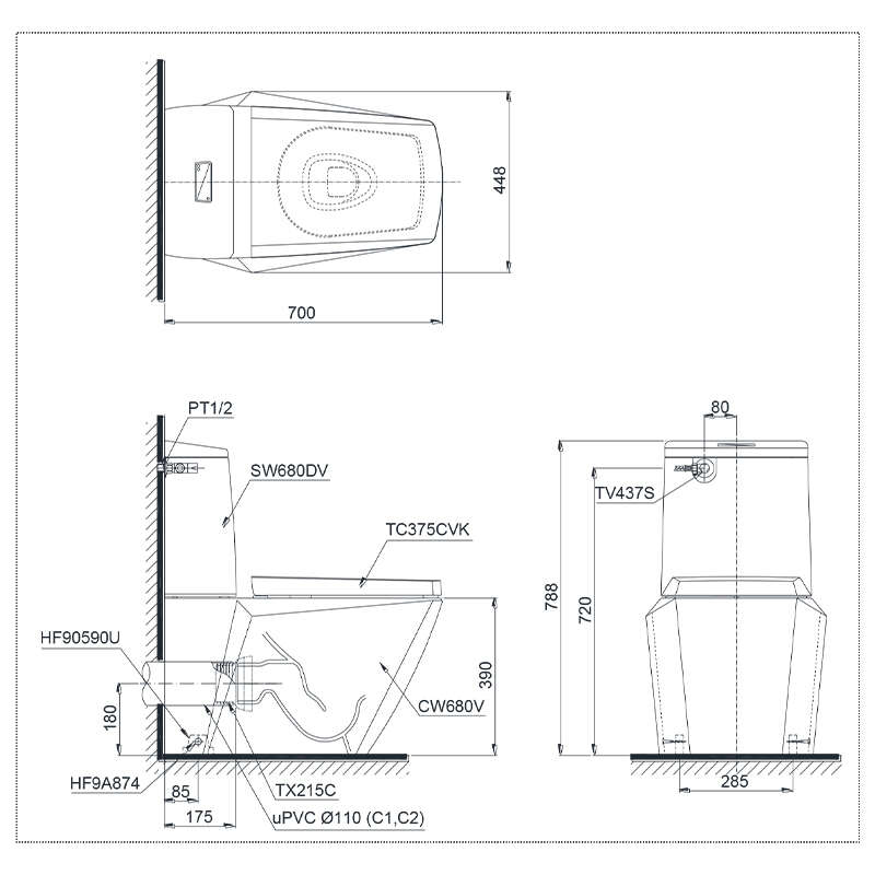 Bàn cầu hai khối TOTO CS680PDT4 nắp TC375CVK