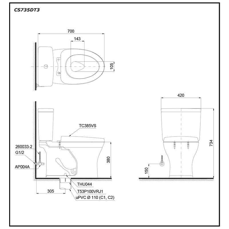 Bàn cầu hai khối TOTO CS735DT3 nắp TC385VS